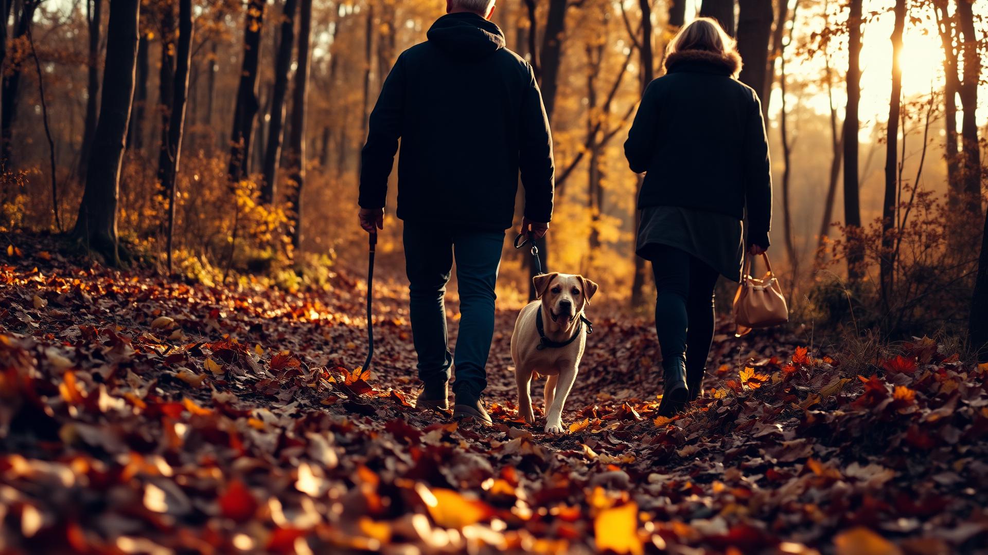 A family walking their dog peacefully through an autumn forest